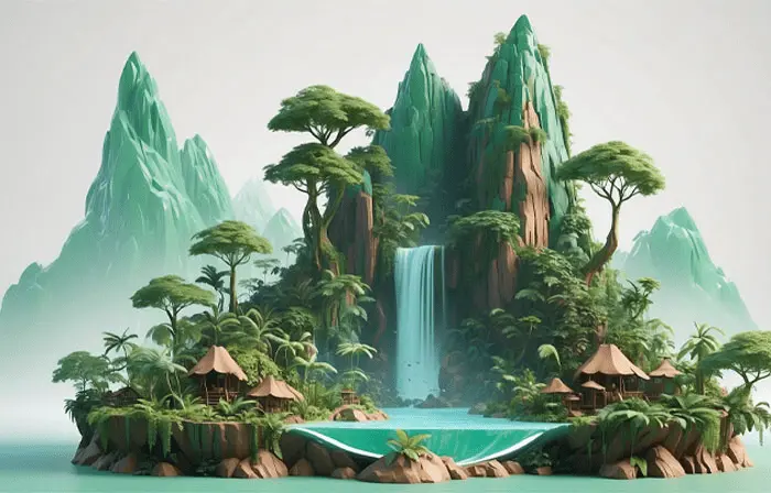 Tropical Paradise Waterfall 3D Design Illustration